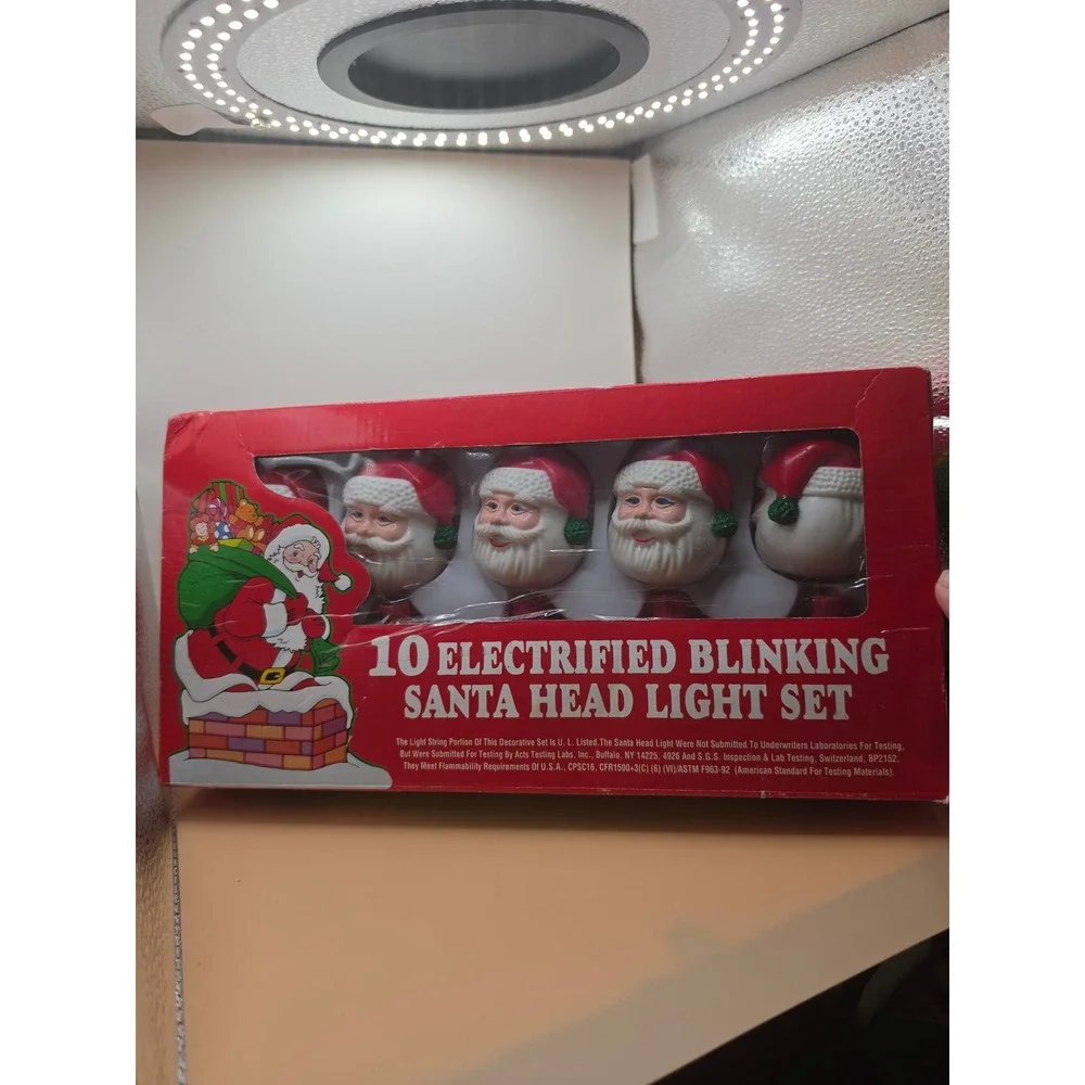 Vintage 10 Electrified Blinking Santa Head Light Set Christmas Decor untested